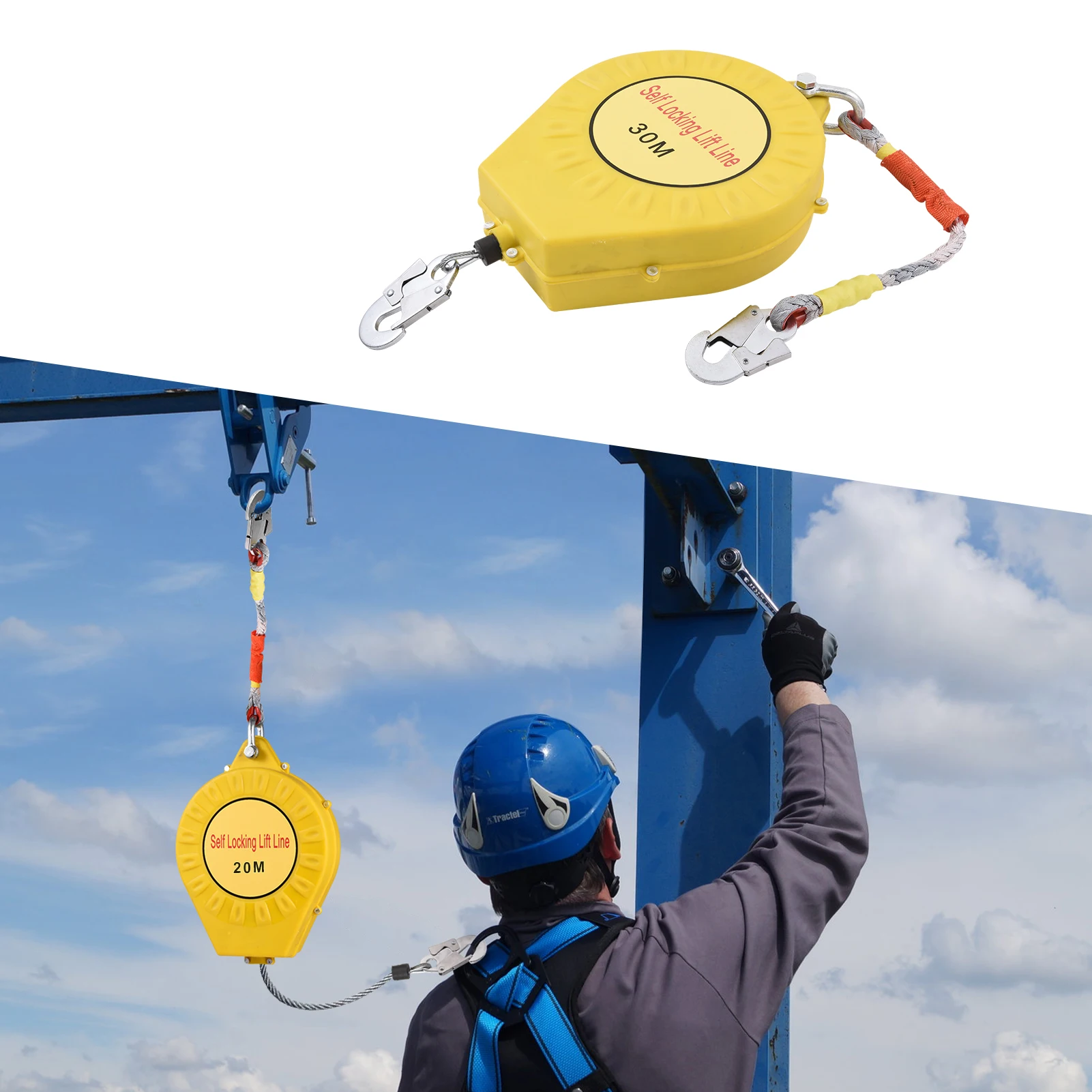 

Retractable Fall Arrester 65FT, Fall Protection Safety Harness Lanyard with Swivel Snap Hooks, Heavy Duty 330Lbs Steel Wire Rope for Roofing Construction Tower Climbing Industrial Work