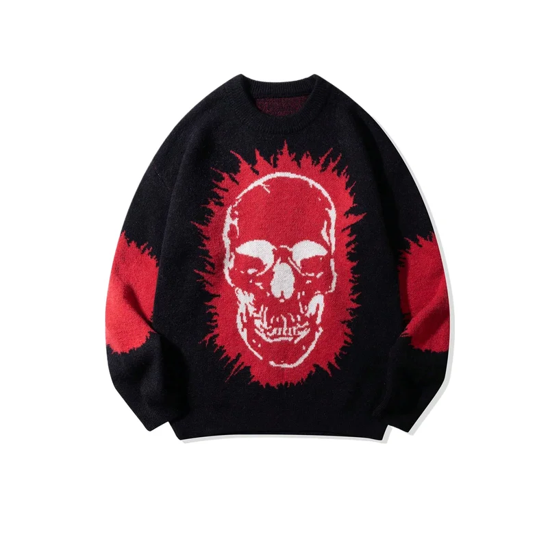 Men's High Street Gothic Skull Sweater Fashion Streetwear Knitted Jumper Loosee Fit Vibe Style Y2K Pullover Tops Knitwear
