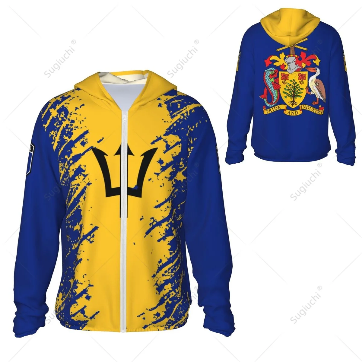 Barbados Flag Sun Protection Hoodie Sunscreen Clothes Fishing Cycling Running Quick Dry Long Sleeve With Zipper Polyester