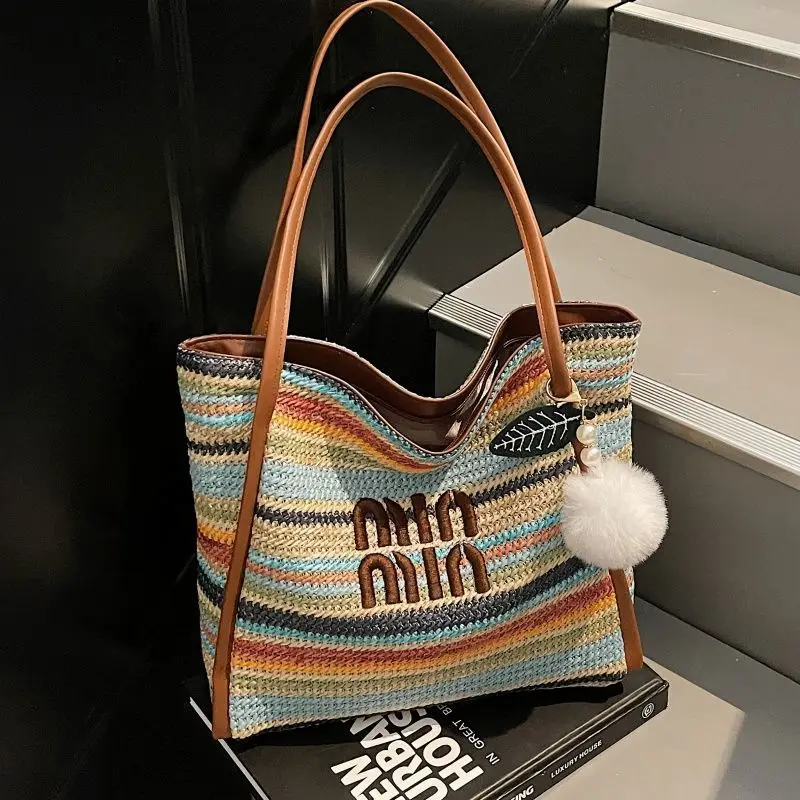 Summer Rainbow Weaving Ladies Handbag Fashion Large Capacity Leisure Multi functional Seaside Vacation Shoulder Bag Underarm Bag