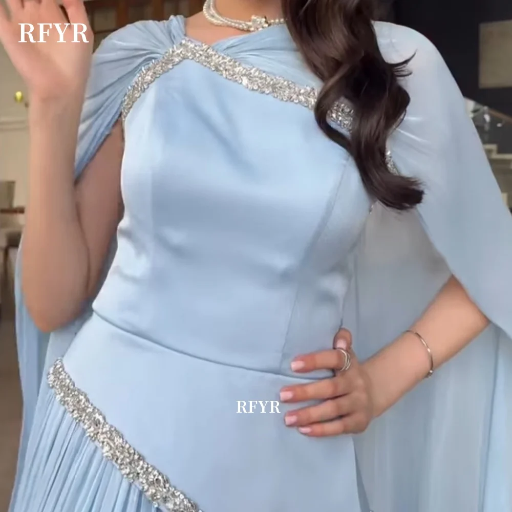 RFYR Blue Prom Dress with Pleats A Line Party Dress with Rhinestones Elegant Evening Dress with Pleats for Women Customized