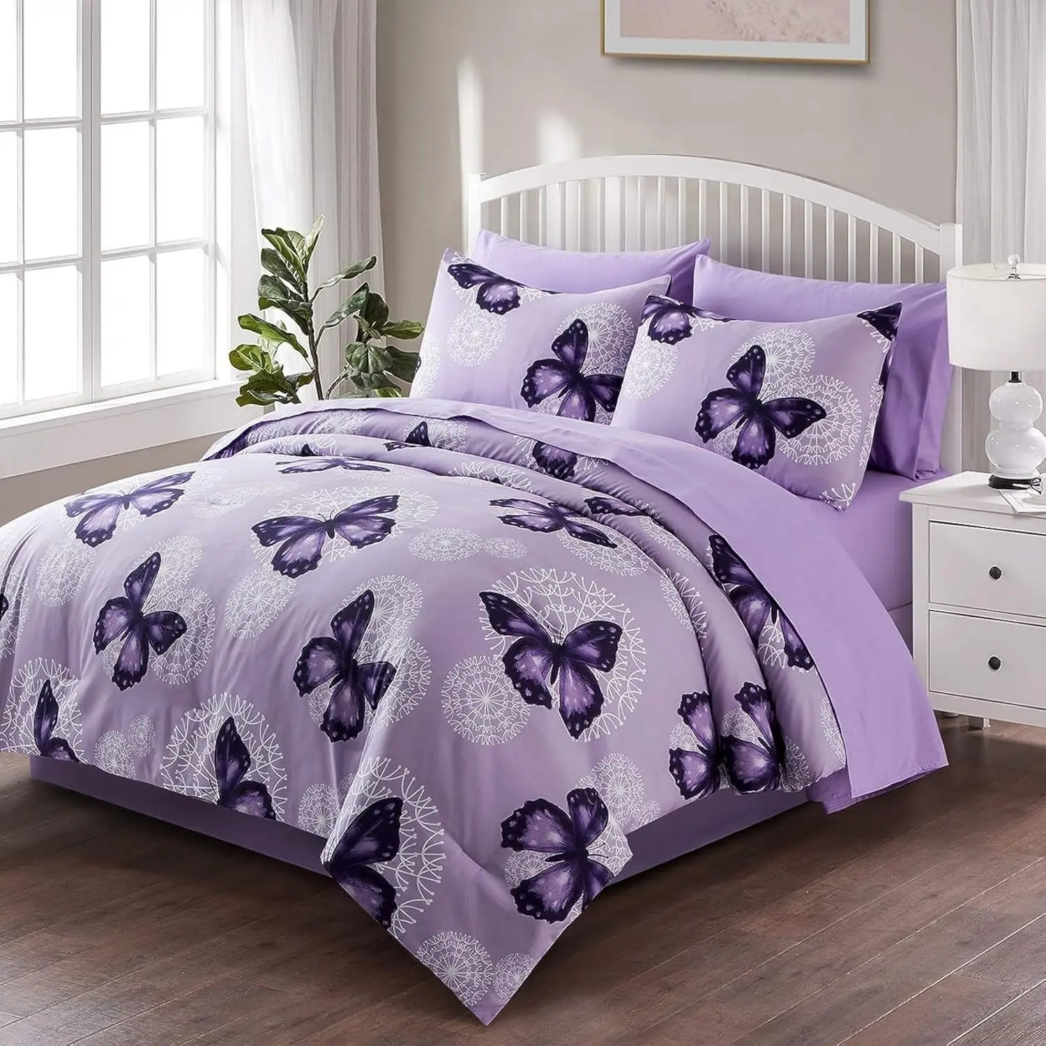 

Purple Butterfly All Season Bedding Set, Full/Queen Size 8-Piece Comforter with Sheets and Pillowcases