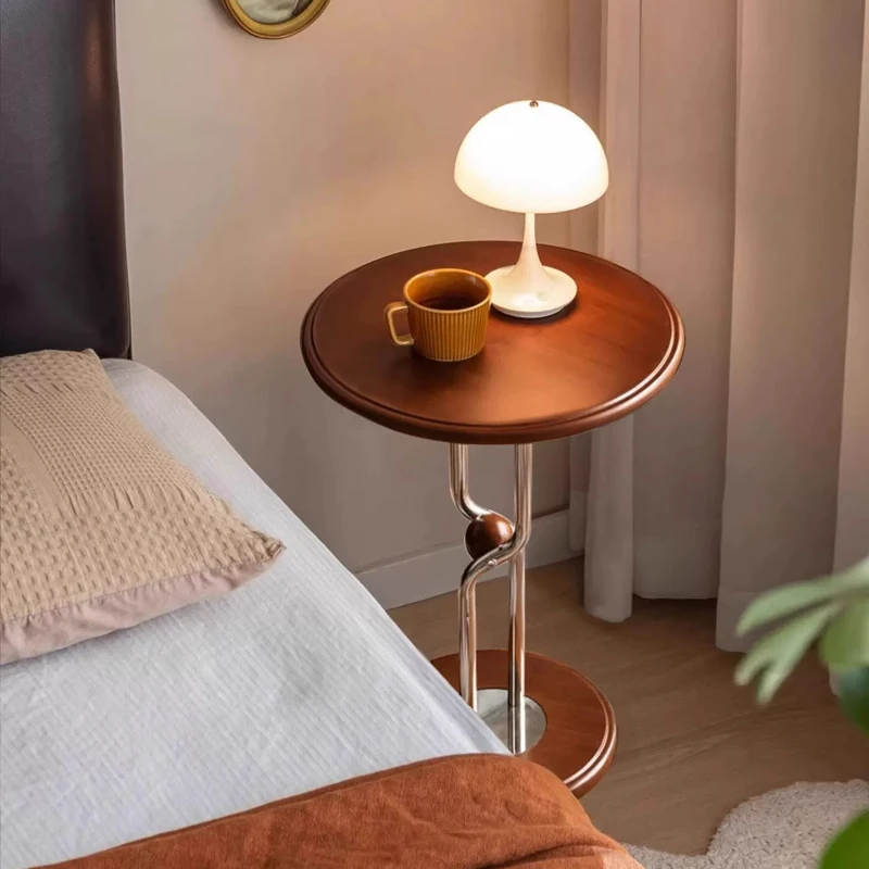 

Vintage Sofa Side Table, Round Solid Wood Coffee Table, Mobile Stainless Steel Storage Rack, Home Bedside Cabinet Organizer