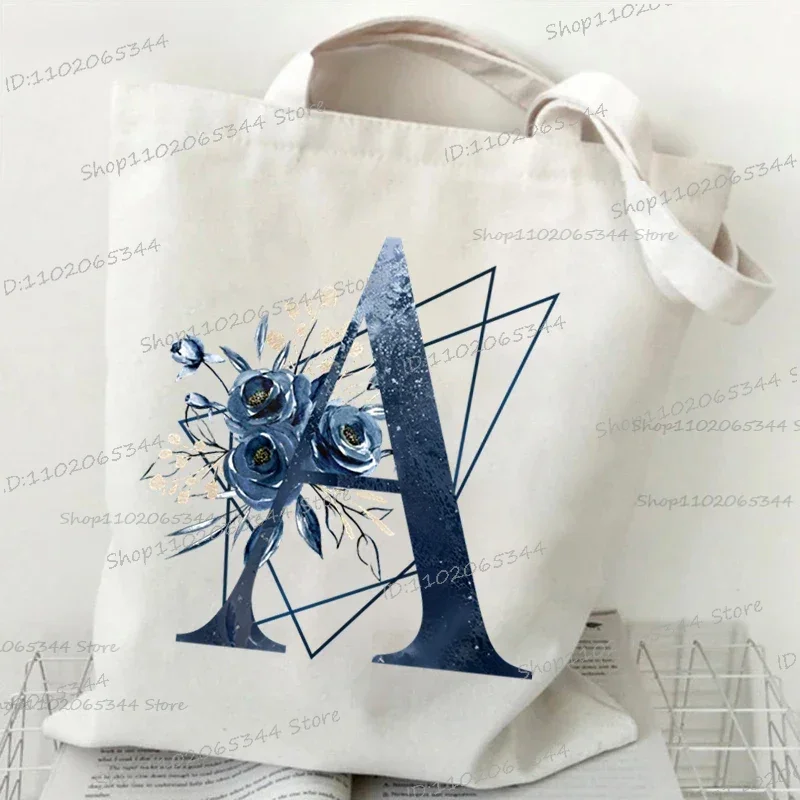 Creative Blue Rose Alphabet ABCDEF..Canvas Tote Bag Women Surname First Letter Design Beach Shopping Bags Floral Women Handbags