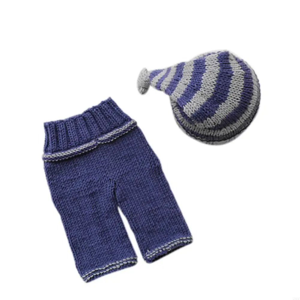 

28EC Striped Hat and Pants Photography Props Knitted Crochet Warm Photo Costume Baby