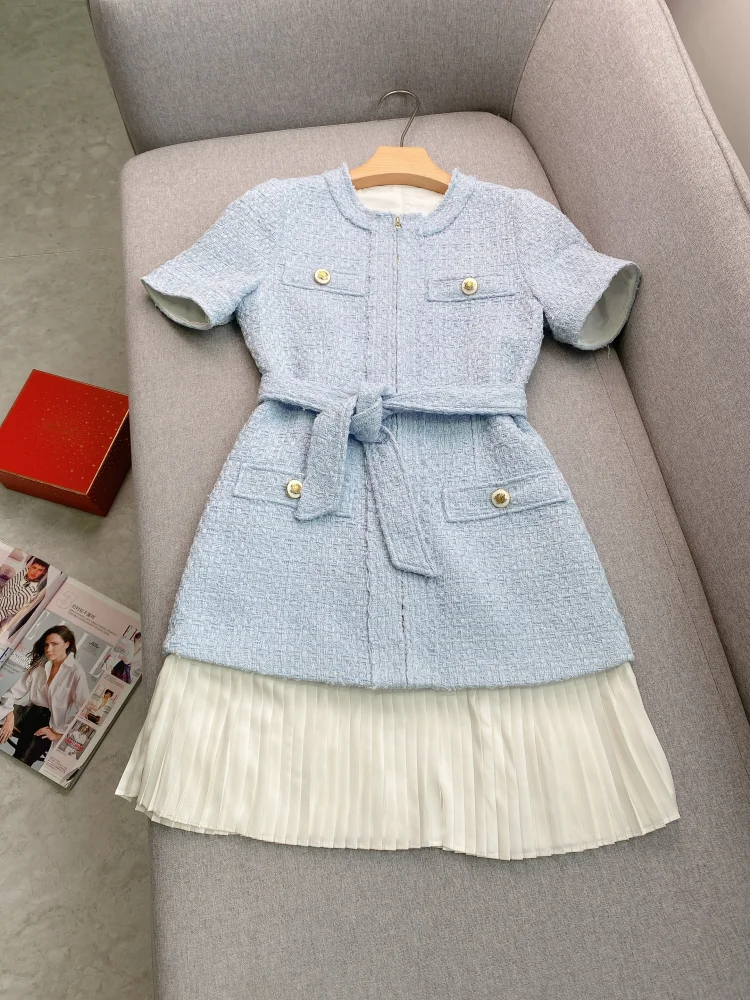 

Charmsoul Spring Summer New Faion Blue Plaid Waist Cinched Pleated ort Dr Women's Ele Sle A-Line Skirt Dr