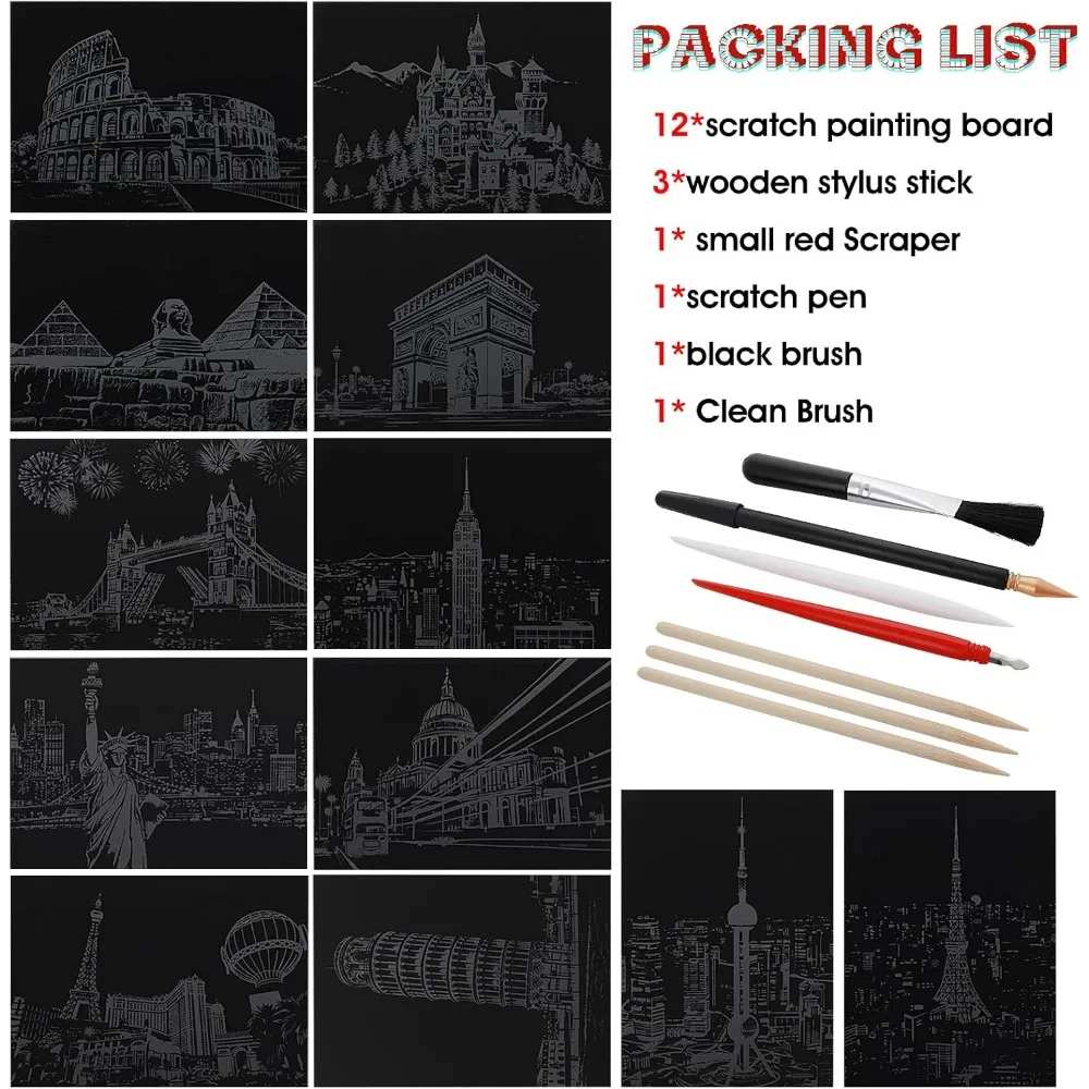 12 스크래치 스크래치 무지개 종이, 스케치 패드 DIY 아트 및 Craft City 시리즈 야간 풍경 스크래퍼, 7.8 X 5.5 인치