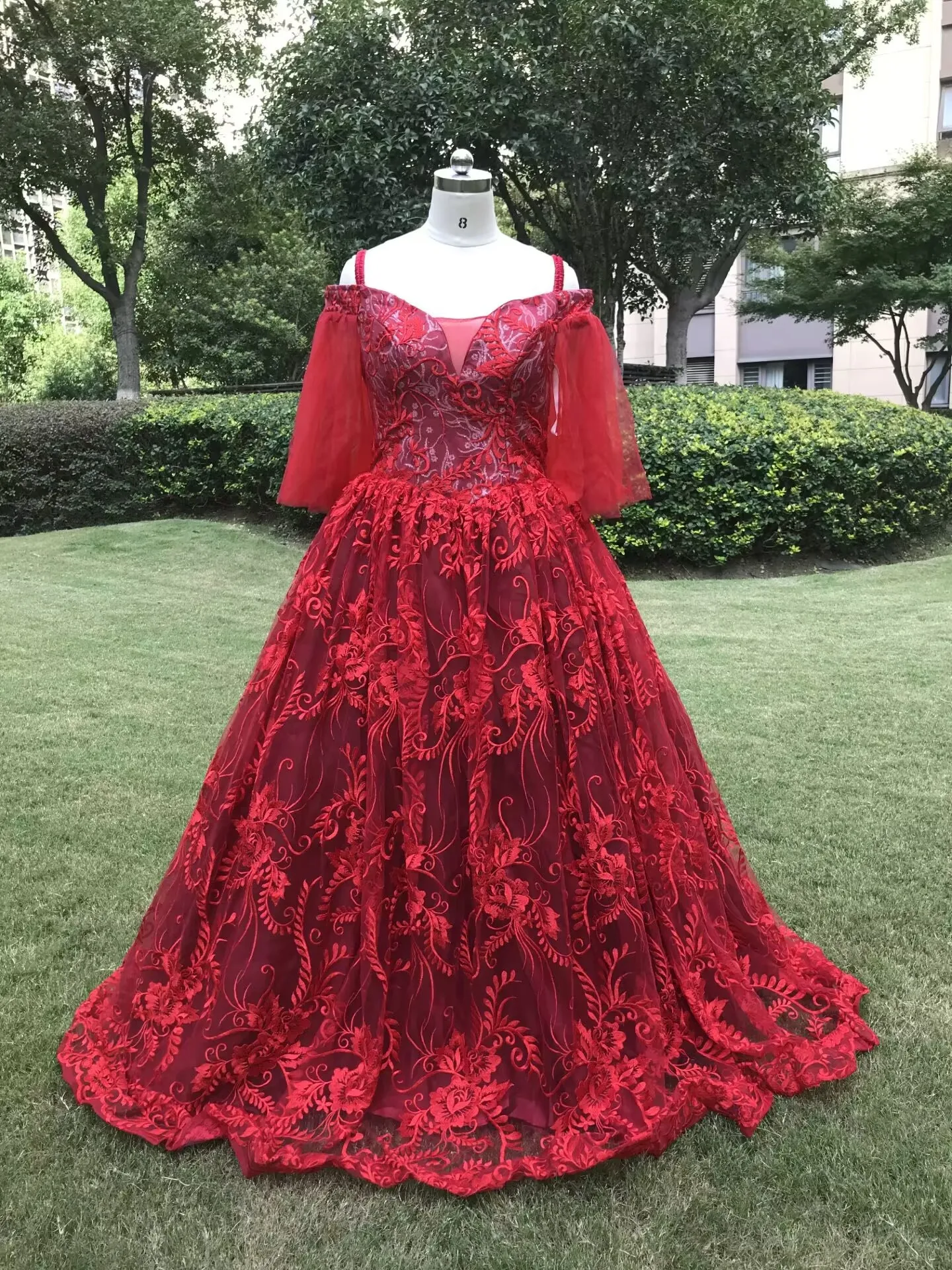 

Instock Stock Sample Clearance Red Prom Dresses Off The Shoulder Lace Appliques Floor-length Lace Up Evening Gown