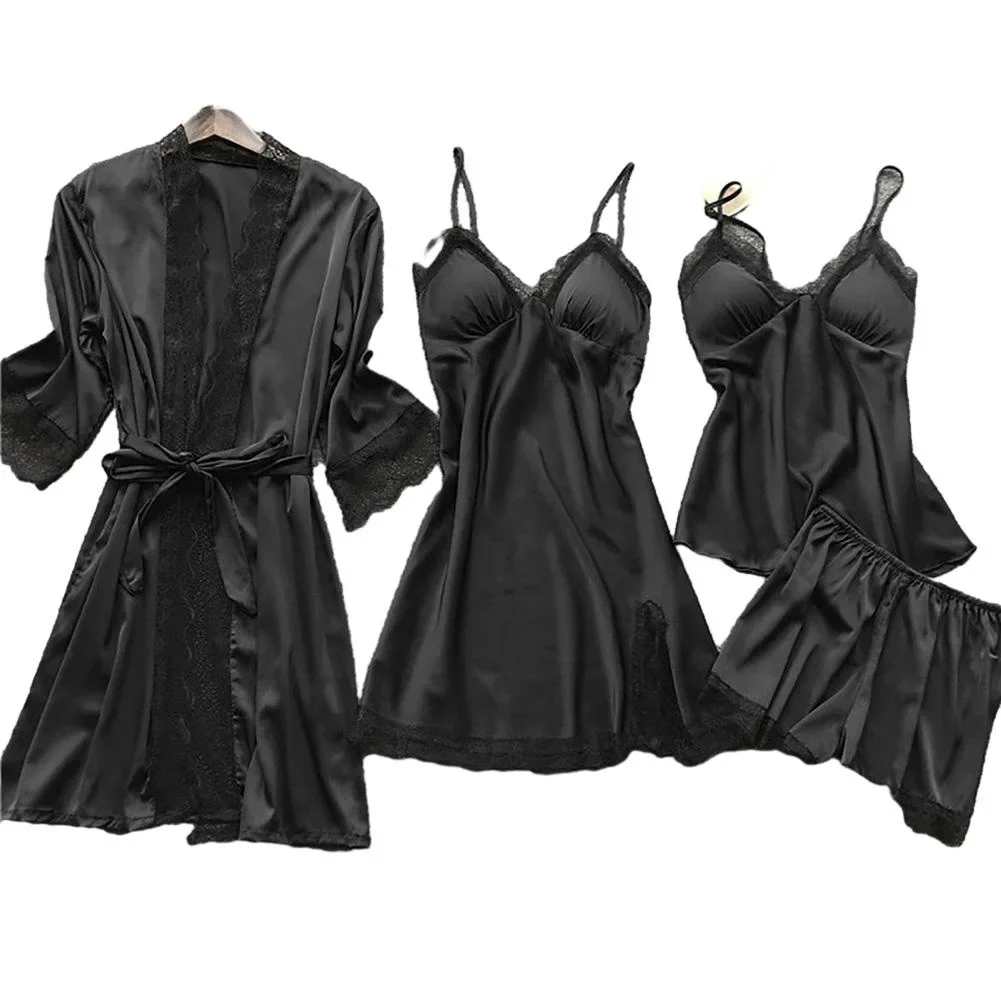 Nightdress Pajamas Set 4PCS Home Clothes Lace Dress Nightgown Nightwear Robe Sleepwear Solid Color Comfortable