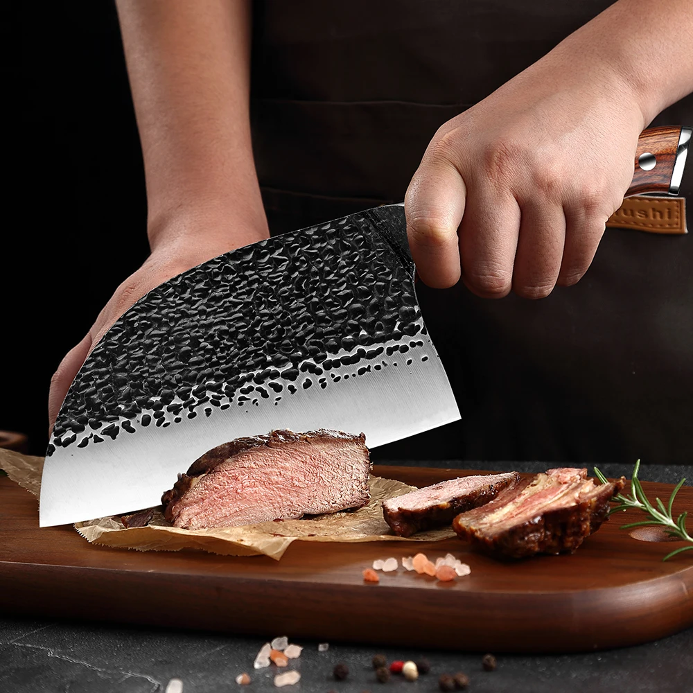 Full Tang Kitchen Chef Knife High Carbon Steel Cooking Dividing Knife Meat Cleaver wide blade Solid Wooden Handle Butcher Knife