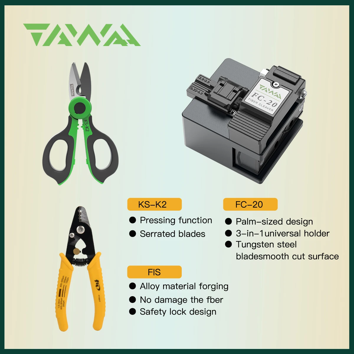 Fiber Stripping Tools, 3 Holes Stripper Suit for Outer Jacket, High Precision Cleaver FC-20, Kevlar Scissors, 0.9mm ~ 3mm