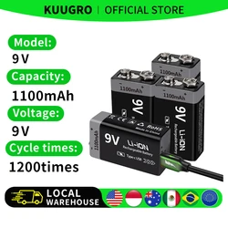 Kuugro 9V Rechargeable Battery 1100mAh USB Type-C Rechargeable 6F22 9V Li-ion Battery for RC Helicopeter Model Multimeter Toy