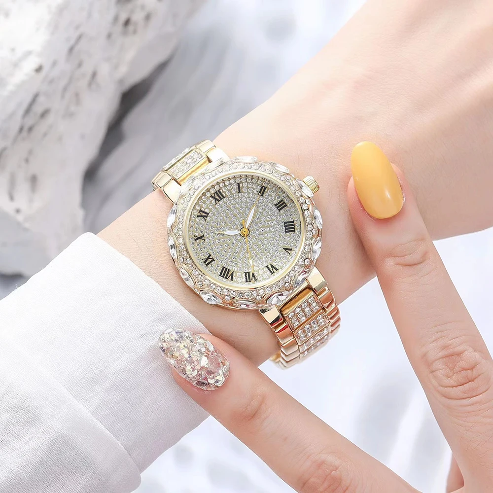 4Pcs Diamond Women Quartz Watches Luxury Ladies Wrist Watches With Stainless Steel Zircon Pendant Necklace Earrings Jewelry Set