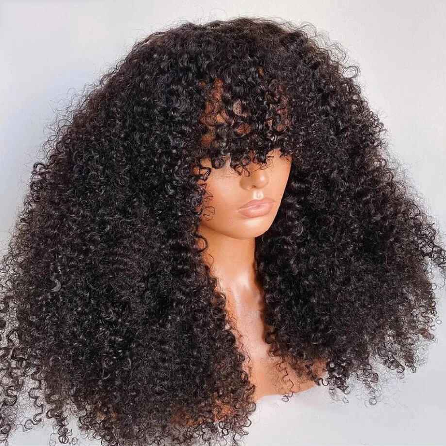 Peluca rizada larga sin pegamento para mujeres negras, cabello de bebé resistente al calor, postizo de 26 pulgadas con flequillo, color negro Natural, predesplumada, uso diario