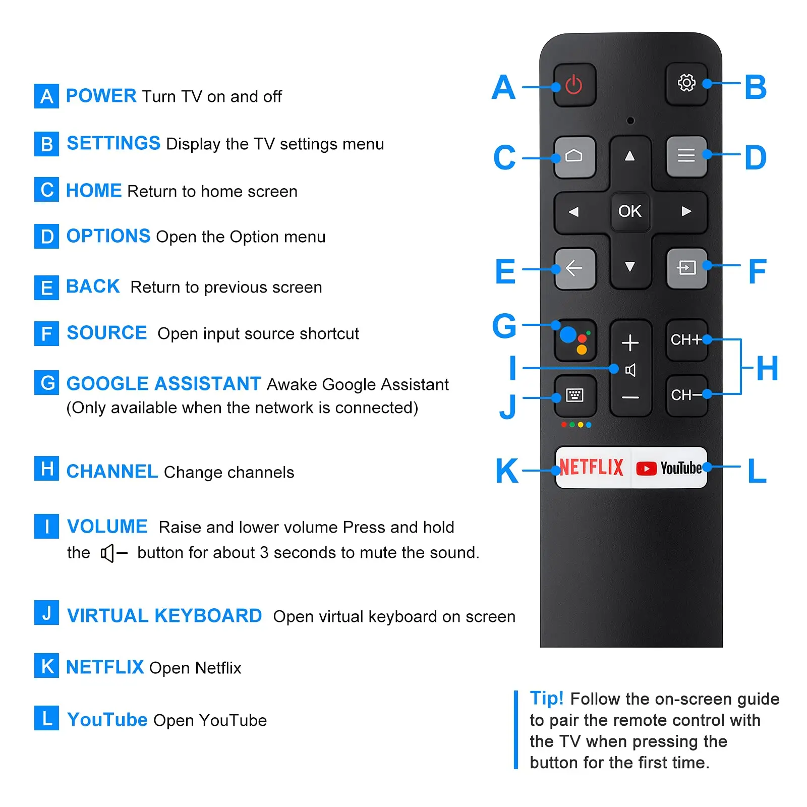 Bluetooth-Sprach fernbedienung Ersatz für tcl-android, rc802v 65 p8s kompatibel mit Google Assistant für tcl 55 c715 Smart TV – Detail 9