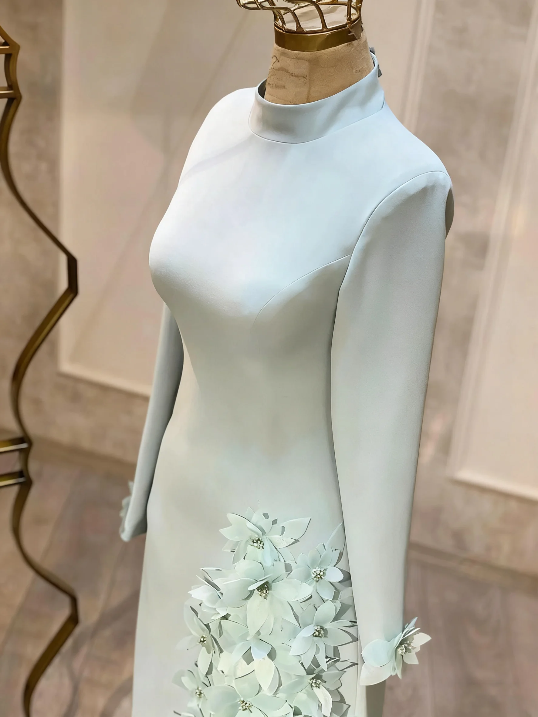 Abito da sera a collo alto verde menta Personalizzazione abito da sposa arabo Personalizzazione elegante abito da ballo con perline a maniche lunghe