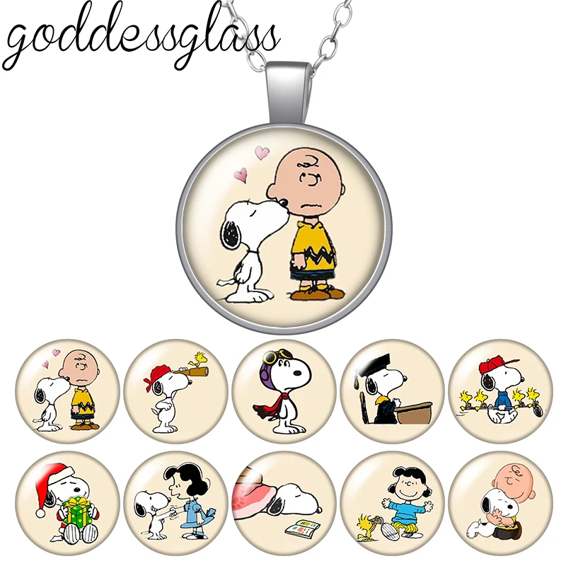 Peanuts Snoopy Charlie Woodstock lindo redondo foto cabujón de cristal plateado colgante collar joyería regalo