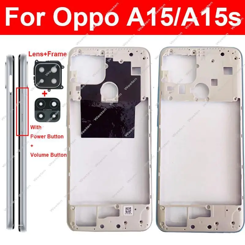 For OPPO A15 A15s Middle Housing Frame Bezel with Side Button Camera Frame Lens Replacement