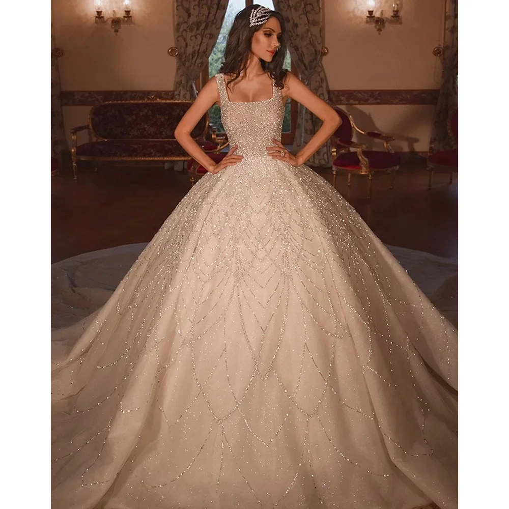 Exquisite Square Collar Wedding Dresses Luxury Sequins Beaded Ball Gowns Elegant Chapel Train Bride Dresses Vestidos De Novia