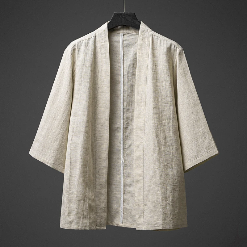 伝統的な唐服綿麻半袖オープンカーディガン薄型モデル漢服メンズレトロ夏カジュアルウェア