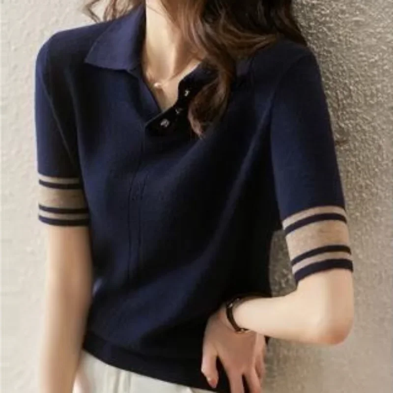 Knit Women\'s T Shirts Striped Button Polo Neck Shirt Top Short Sleeve Tee Clothes with Collar Synthetic New Polyester V Trend