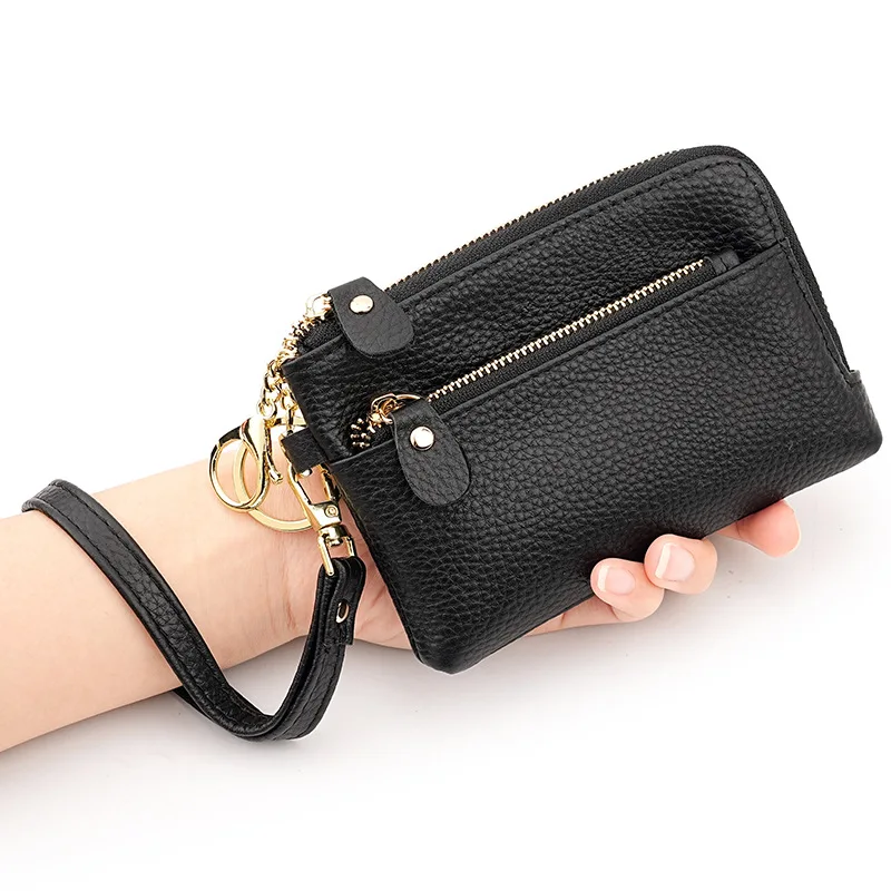 

RFID Blocking Leather Women Wallet & Zipper Coin Purse with Detachable Wrist Strap – Lychee Pattern, Easy Access Design