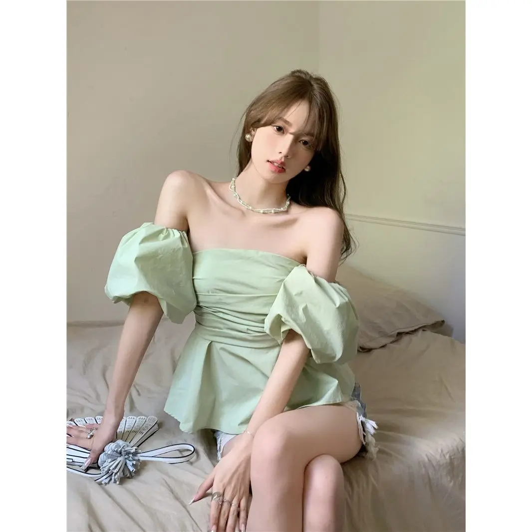Luxury Elegant Woman Green Off-the-shoulder Blouse Summer Bubble Sleeve Crop Top Ruffle Hem Casual Short Shirt