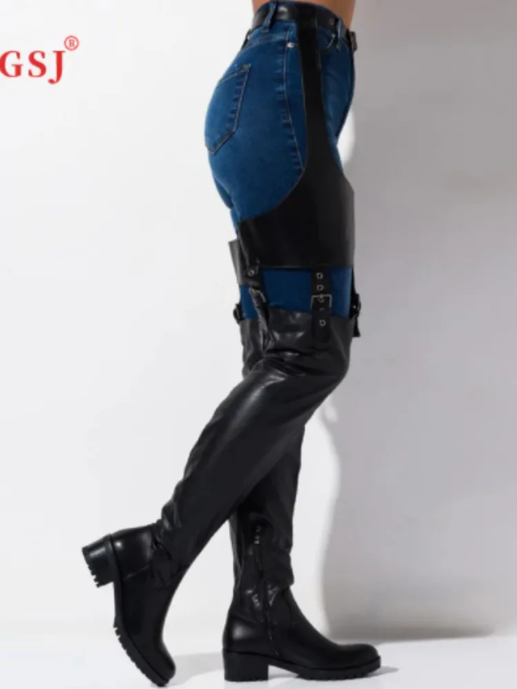 Cuissardes hautes noires à talons bas pour femmes, bottes au-dessus du genou en cuir Pu