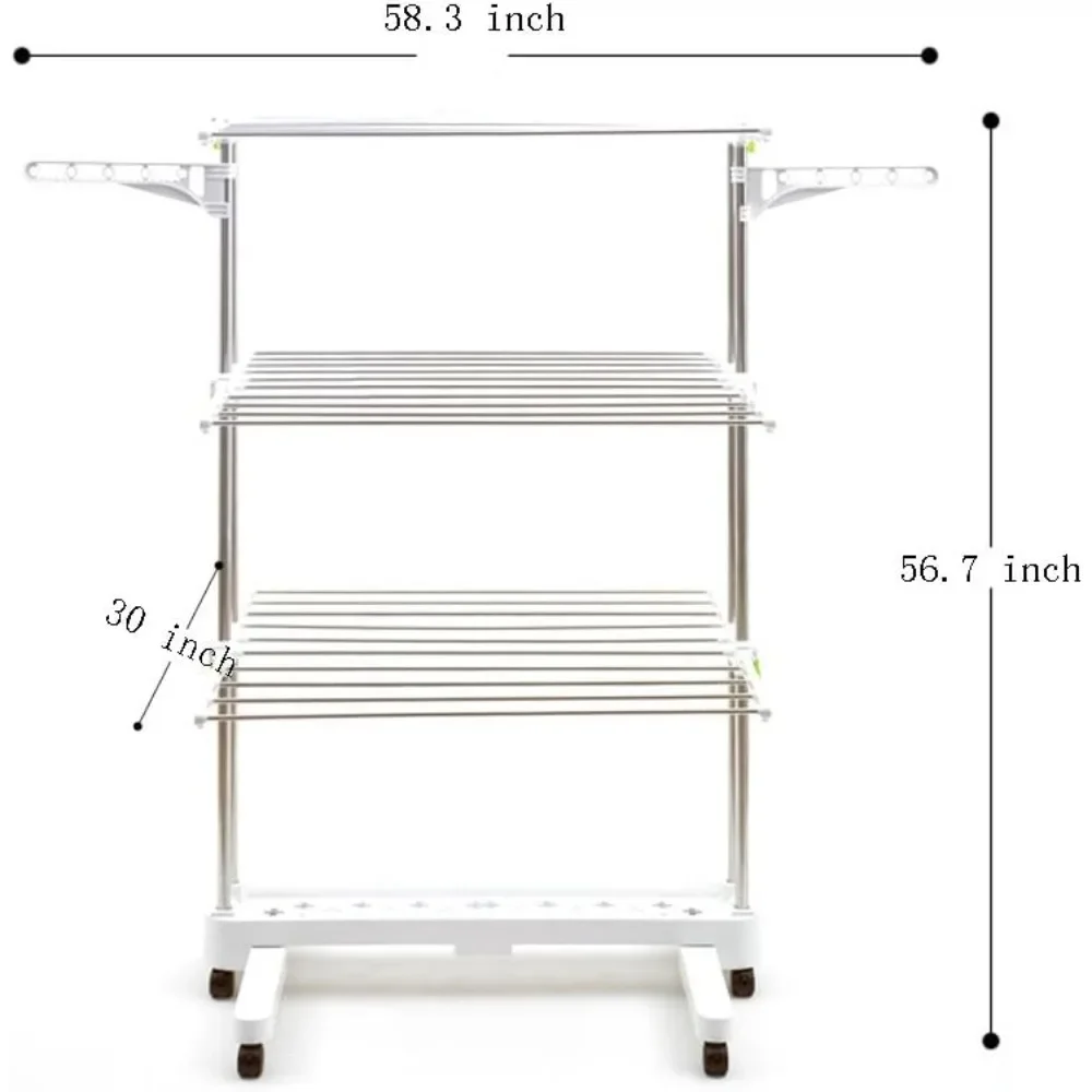 BR505 3-Tier Collapsible Clothes Drying Rack with Casters, Laundry Drying Rack, Stainless Steel Hanging Rods, Indoor & Outdoor U