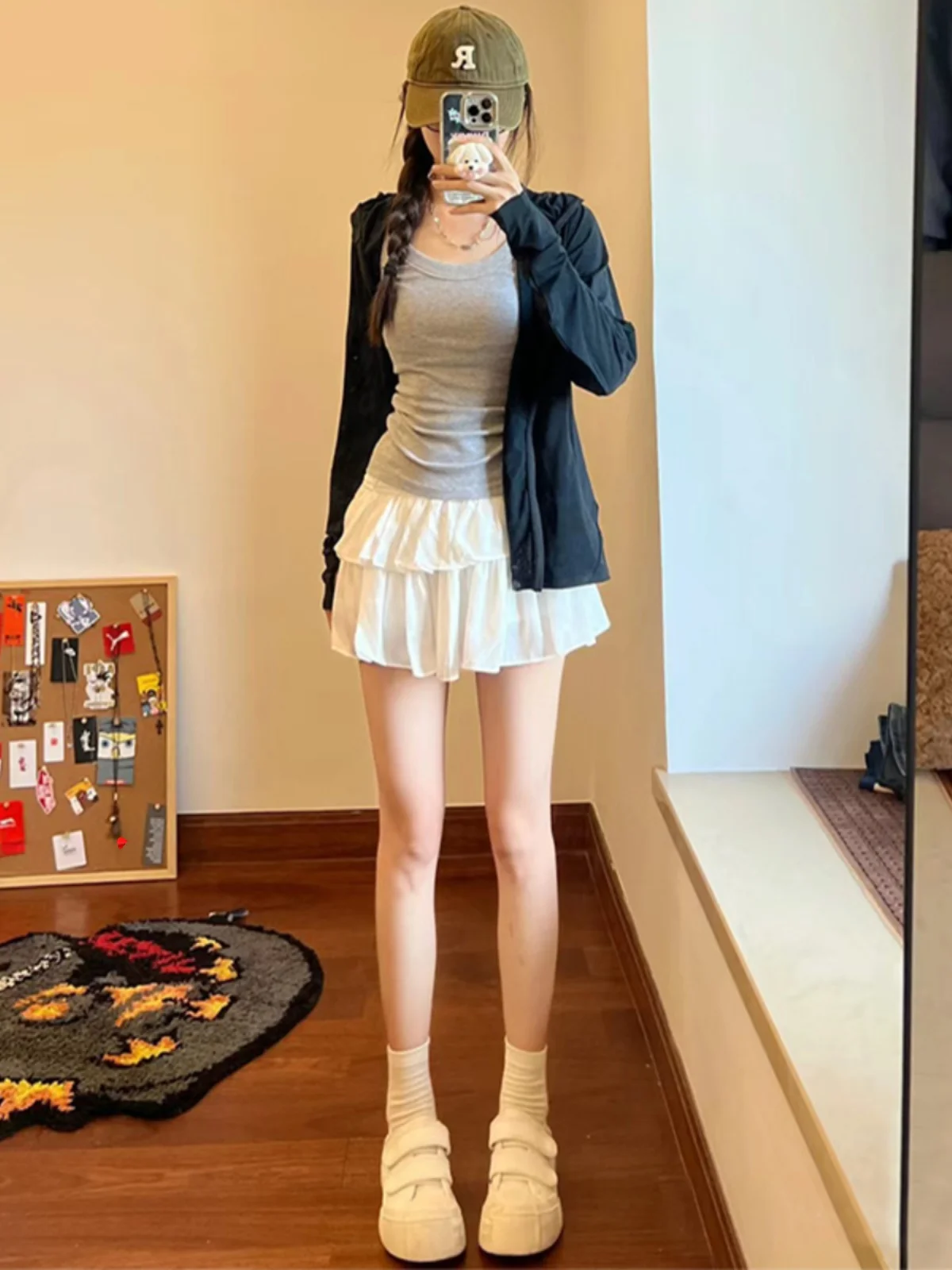 ホワイトダブルレイヤーケーキスカートレディース夏新作ハイウエストスリムバレエスカートAラインふわふわf丈スカートイン