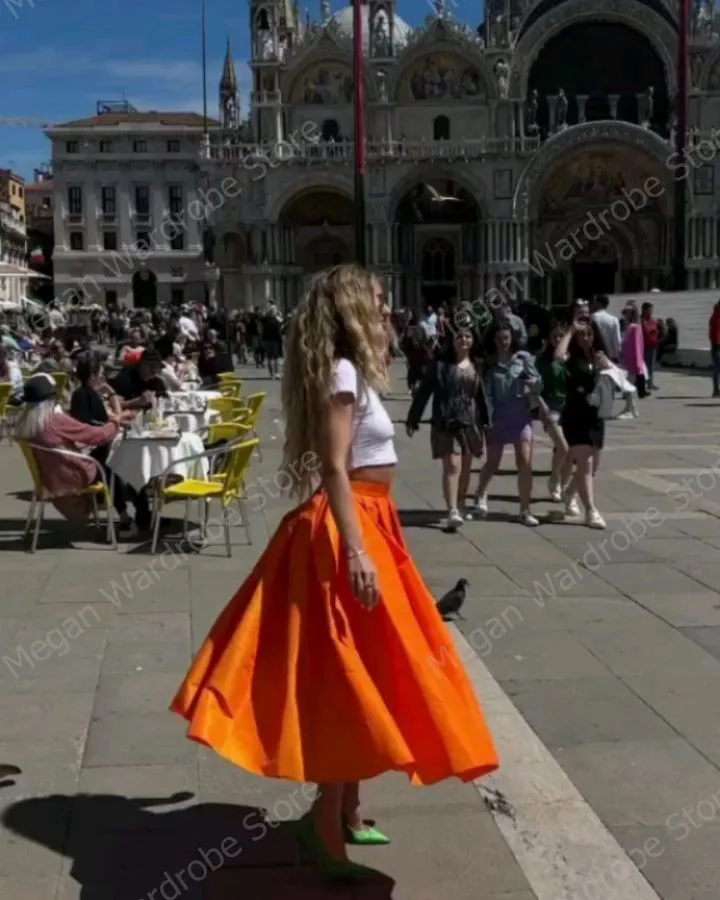 Fashion Orange Satin Long Skirt Ankle Length Skirts Sundress Autumn Holiday Party Retro Faldas Saia Zipper Solid OL Jupe Robe