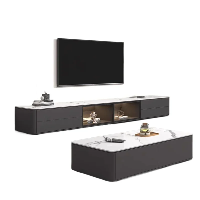 

Combination Modern TV Cabinet Floor-to-ceiling Rock Slab Coffee Table Simple Household Luxury Living Room Small Apartment Wood