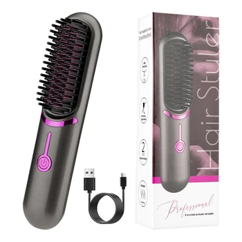 Image Electric Hair Brushes Wireless Hair Straightener Brush for Women Portable Rechargeable Hair Straightener Cordless Heating Comb