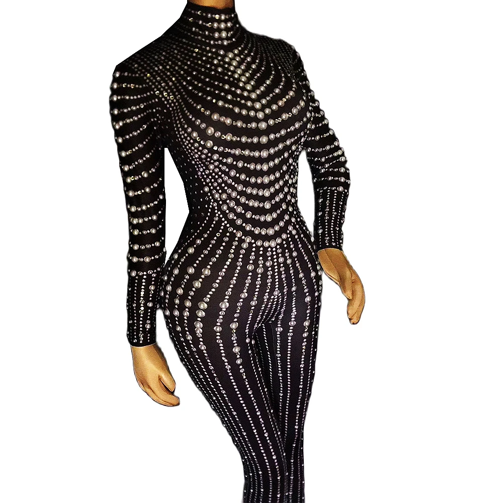 Black Shining Pearls High Neck Long Sleeves Sexy Jumpsuits For Women Nightclub DJ Stage Singer Perform Drag Queen Costumes