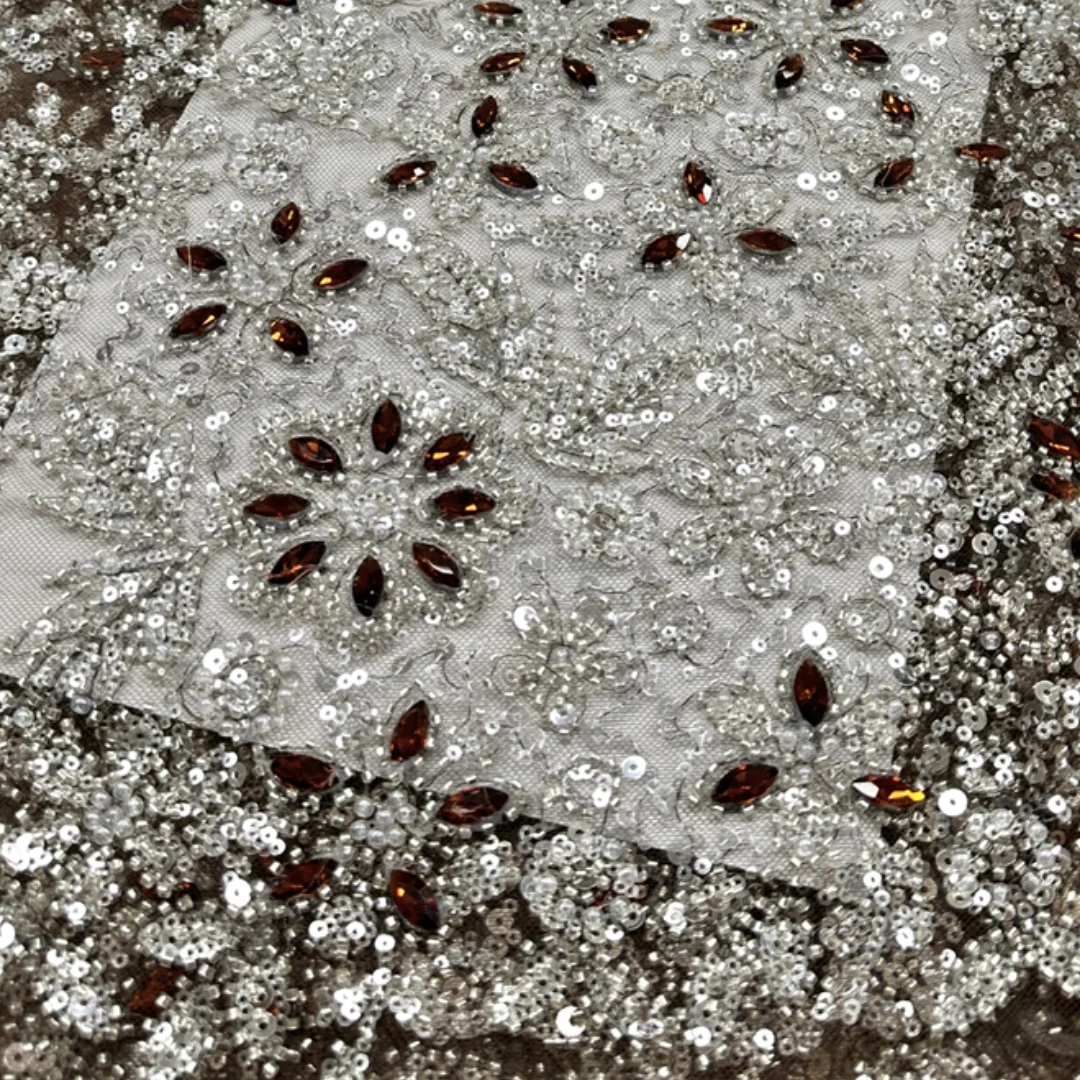 Geometric Rhinestone Beaded Tulle Lace Fabric High Quality Embroidery African Wedding Evening Party Formal Dress Sewing Material