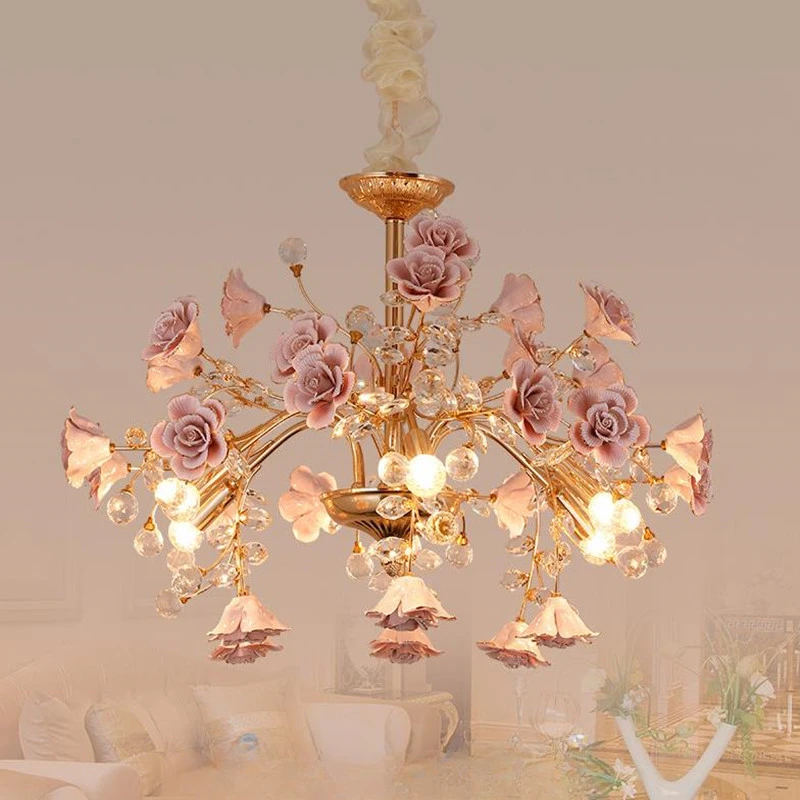 Ceramics Light Crystal Chandelier European Style Branch Peach Powder Lantern Pink Rose Kitchen Living Room