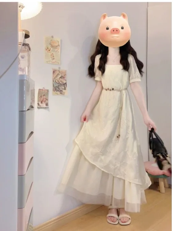 

plus Size Women's Embroidered Heavy Work Fake Two-Piece Dr Summer New Waist-Cinching Asymmetrical A-Line Long Dr