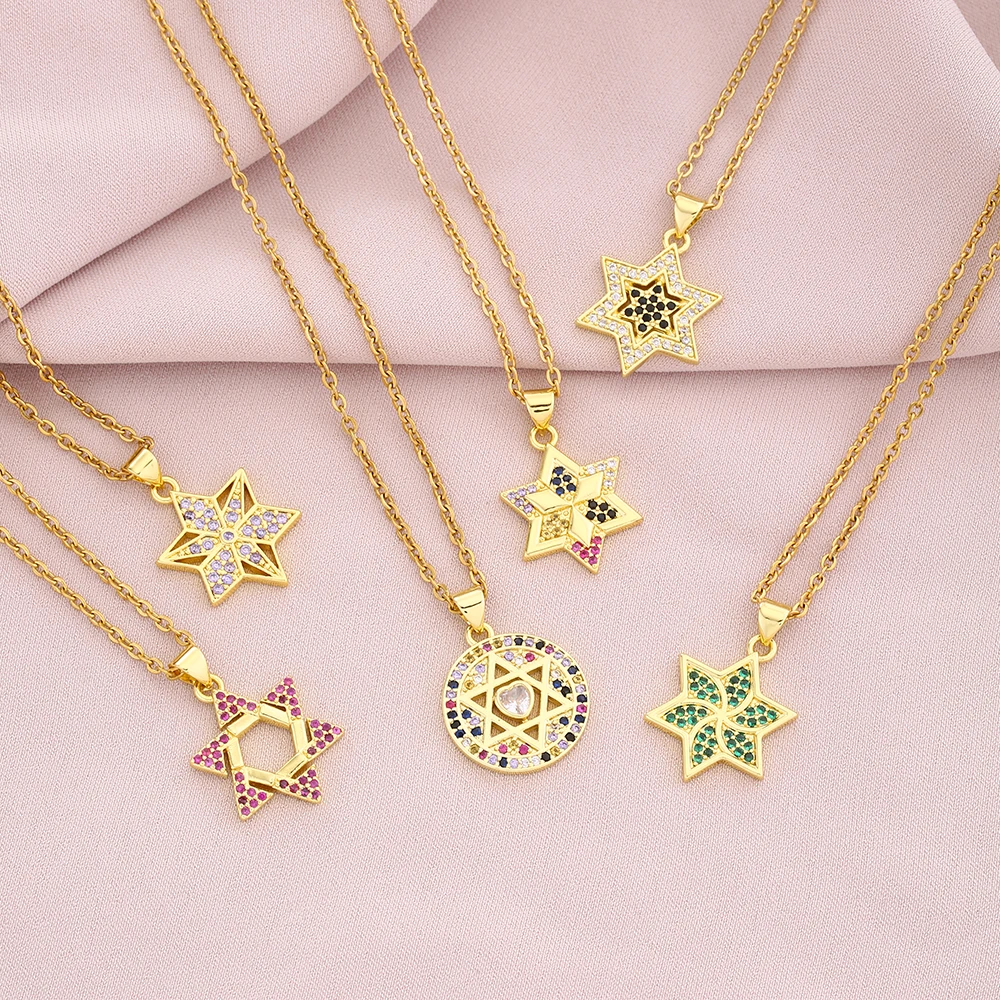 Trendy Magen David Star Pendant Necklace Israel Jewish Stainless Steel Chain Star of David Cubic Zirconia Choker Jewelry Gift