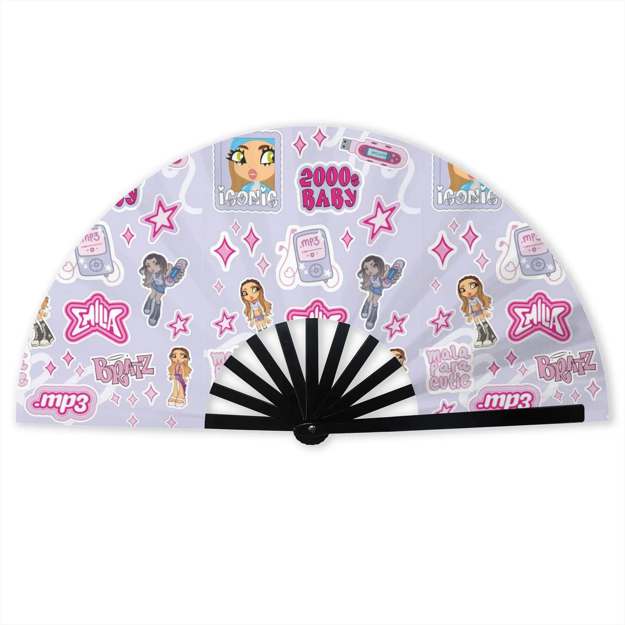 E-Emilia Mernes Mp3 Folding Hand Fan Custom Classic Vintage Poster Polyester Fabric Fan Novelty Summer Accessory Decorative Fans