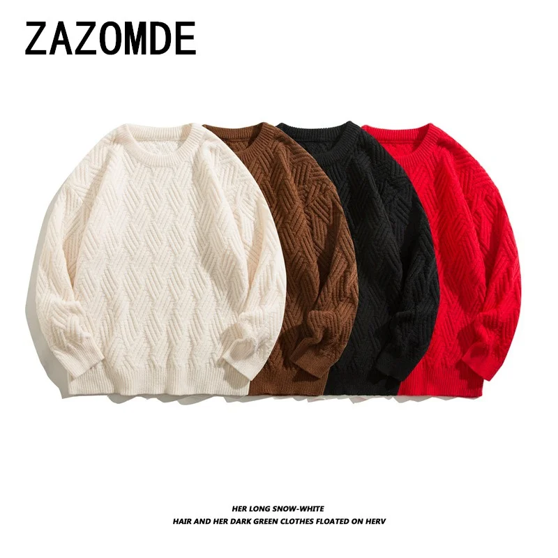 ZAZOMDE Fashionable Cable Knit Round Neck Sweater Men Casual Vintage Idle Style Knit Jacket Loose Fit Pullover Hollow Sweater