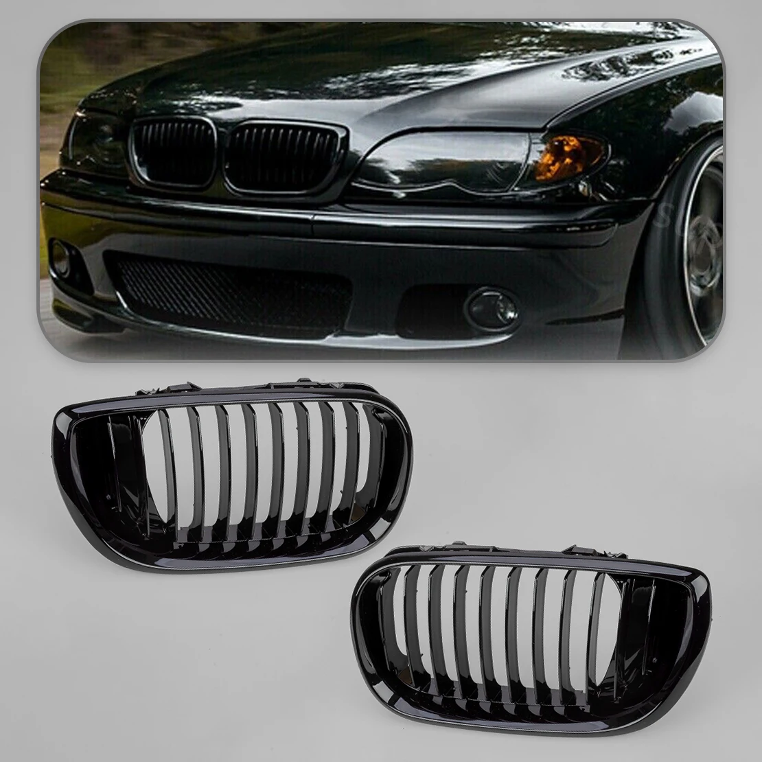 

1 Pair Black ABS Front Bumper Grille Covers Trims Fit for BMW 3 Series E46 Touring Saloon 2002 2003 2004 2005