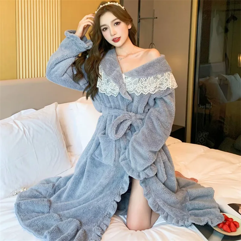 Women\'s Princess Bathrobe Lace Design Winter Warm Ladies Pajama Dressing Gown Solid Flannel Long Sleeve Kimono with Sashes