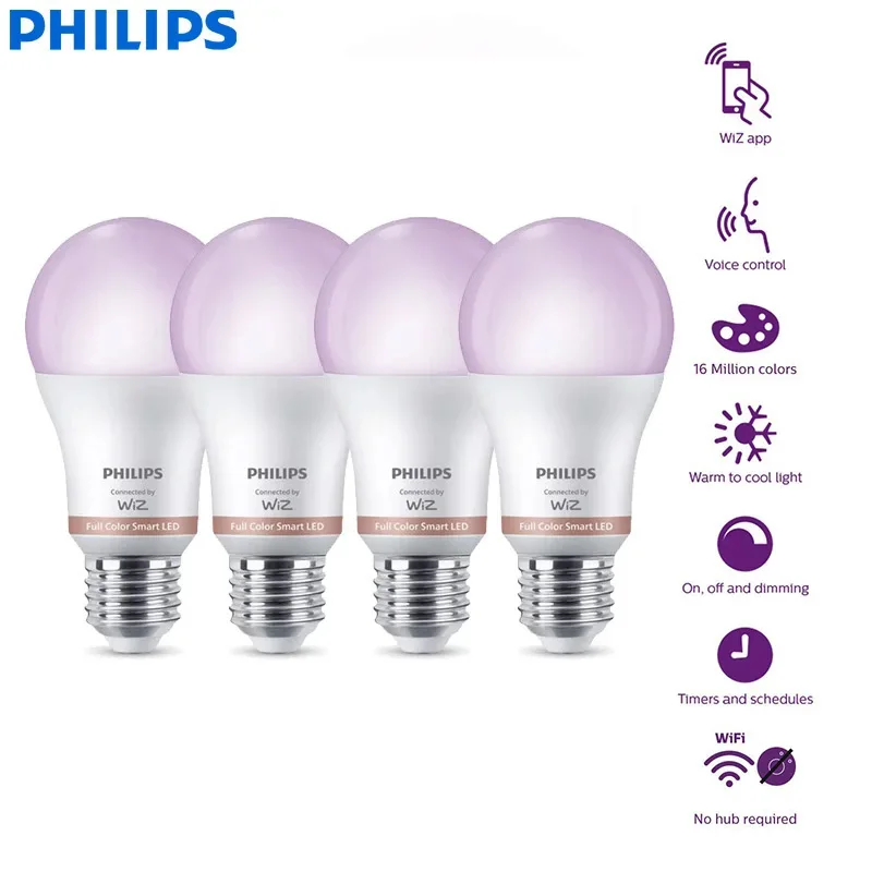 

Умные светодиодные лампы Philips, 2 шт., A60 B35 P45 E27 E14, WiZ, полноцветные, с защитой для глаз, диммируемые, для дома, Wi-Fi и Bluetooth, 220-240В
