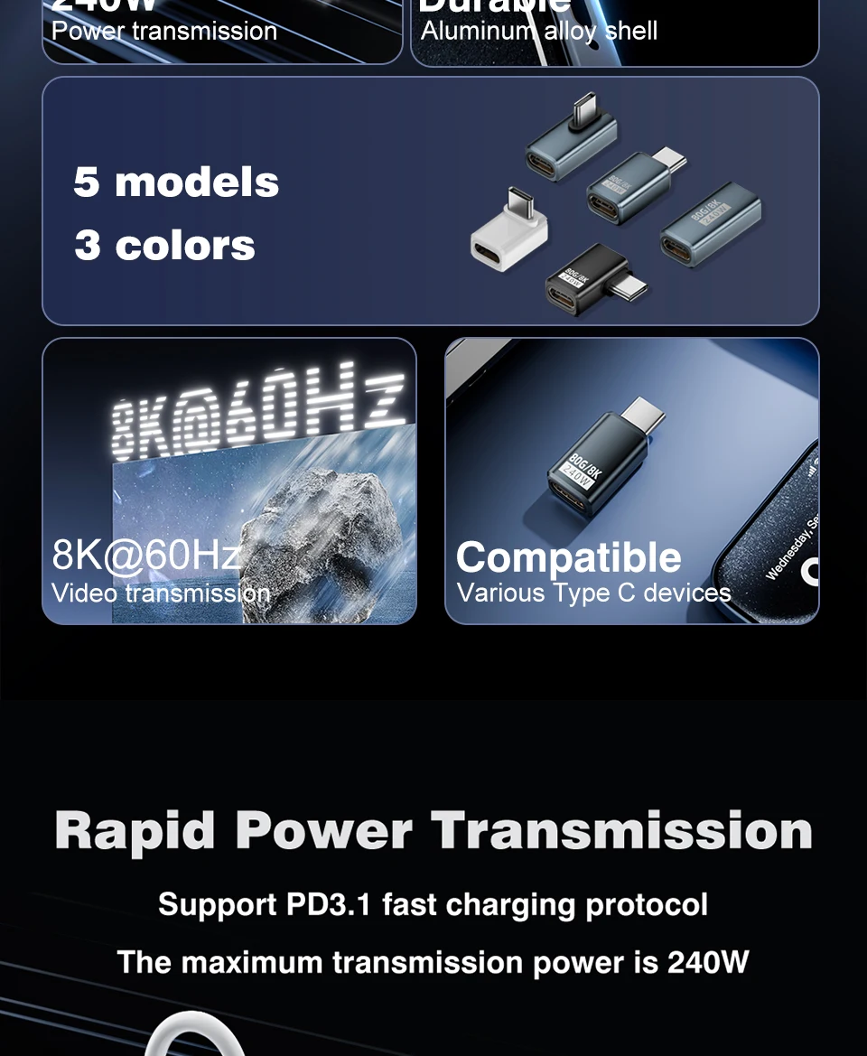 USB4 V2 90-Grad-Typ-C-Winkeladapter 80 Gbit/s Thunderbolt 5 4 3 Winkeladapter 240 W USB-C-Kabelstecker 40 Gbit/s für MacBook Air – Detail 3