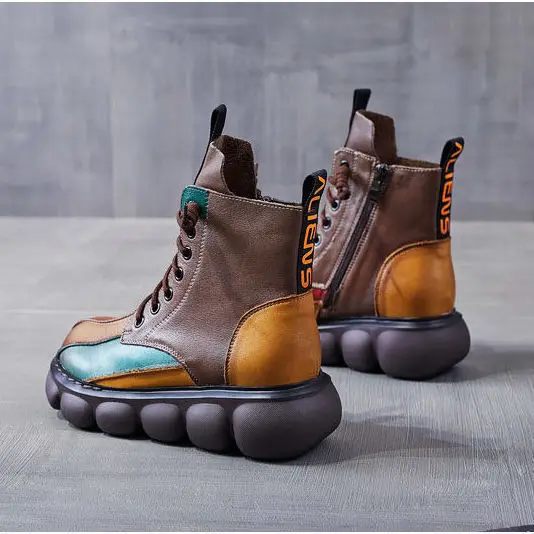 Autumn Mixed Color Shoes Women Boot 2024 Fashion Round Toe Lace Up Retro Handmade Casual Platform Ankle Boots Ladies Short Boots