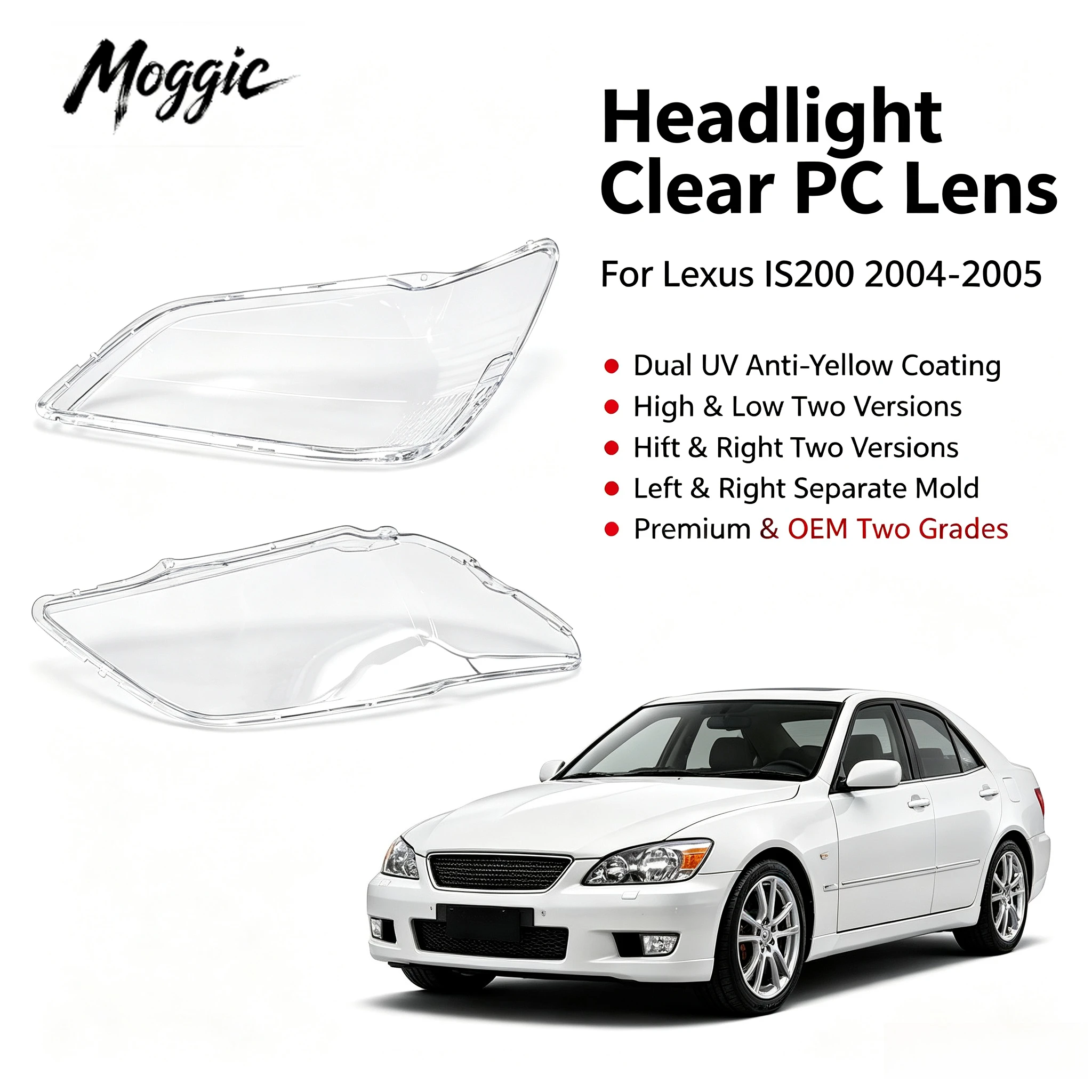 Moggic Headlight Lens Cover Compatible With Lexus IS200 04-05 Base Model Left Or Right Side Replacement Clear Plastic Lamp Shade