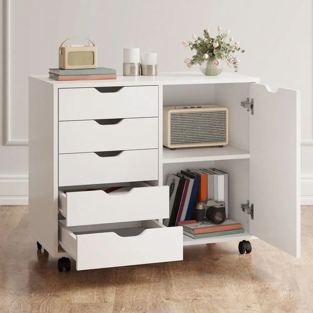 

Office Storage Cabinets And Shelving5Drawer Wood Chest For Home Office With Door, Mobile Storage Cabinet And Printer Stand, Whit