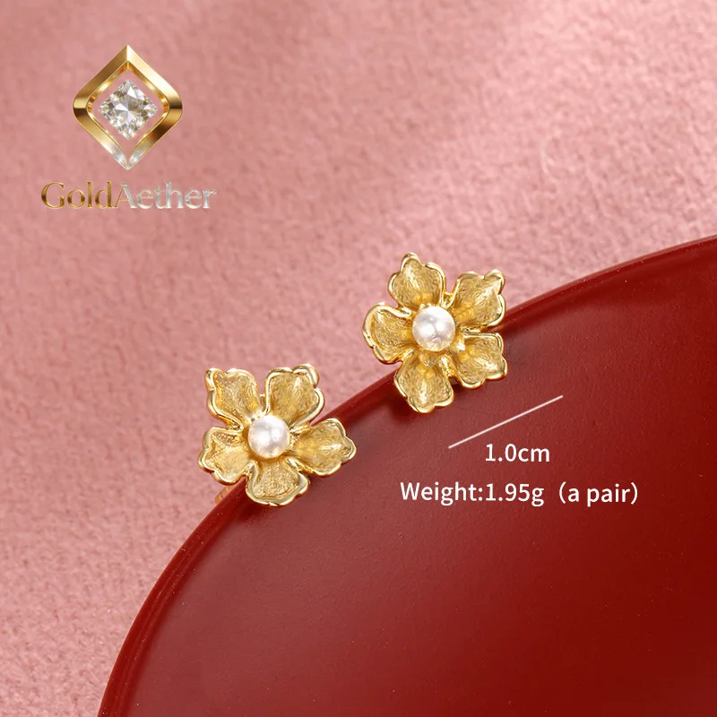GoldNouveau Luxury 24K 9999 Pure Gold real gold Women's Pearl Flower Earrings French Vintage Stud Earrings