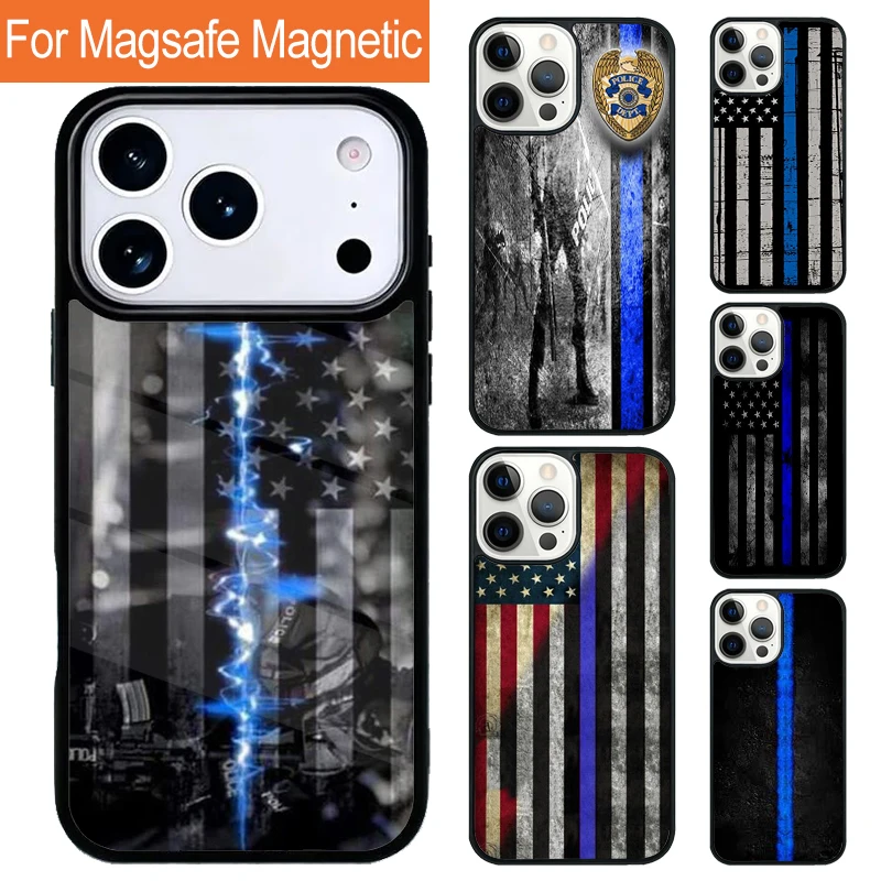 

THIN BLUE LINE Police Magnetic Wireless Phone Case For iPhone 17 Pro 16 15 13 12 11 Pro Max Air 14 Plus With Magsafe Cover