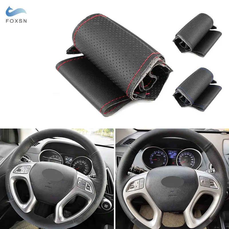 

Для Hyundai Tucson ix35 2011 2012 2013 2014 2015, прошитый вручную чехол на руль автомобиля, перфорированные кожаные аксессуары